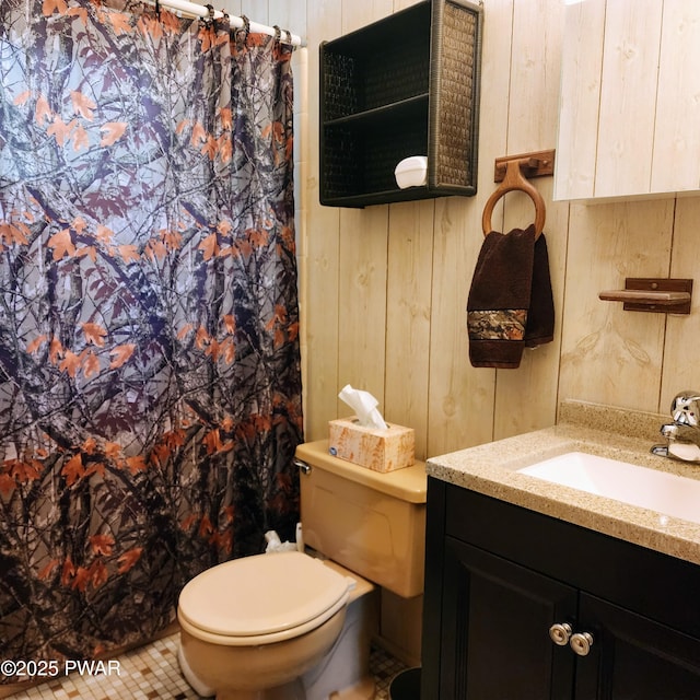 802 Placer Ct, Lords Valley, PA 18428 - bathroom with vanity, wood walls, toilet, and a shower with shower curtain