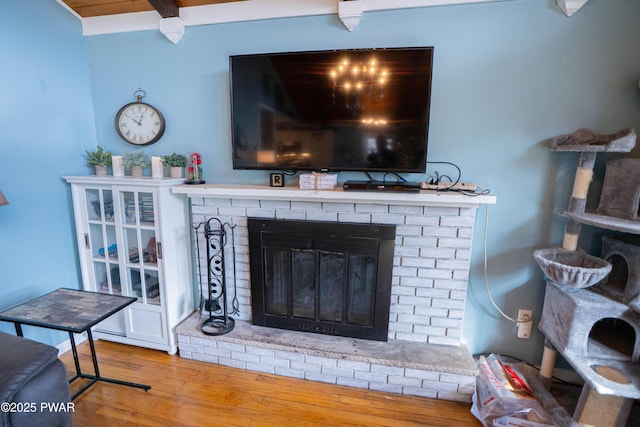 room details with a fireplace and wood finished floors