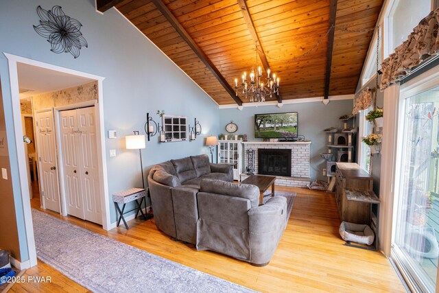 living room with beam ceiling, wooden ceiling, a fireplace, and wood finished floors