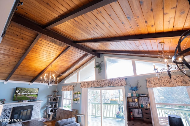 living area featuring wood ceiling, wood finished floors, beamed ceiling, a fireplace, and a notable chandelier