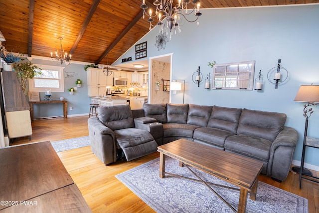 living room with wooden ceiling, a notable chandelier, baseboards, light wood-type flooring, and beamed ceiling