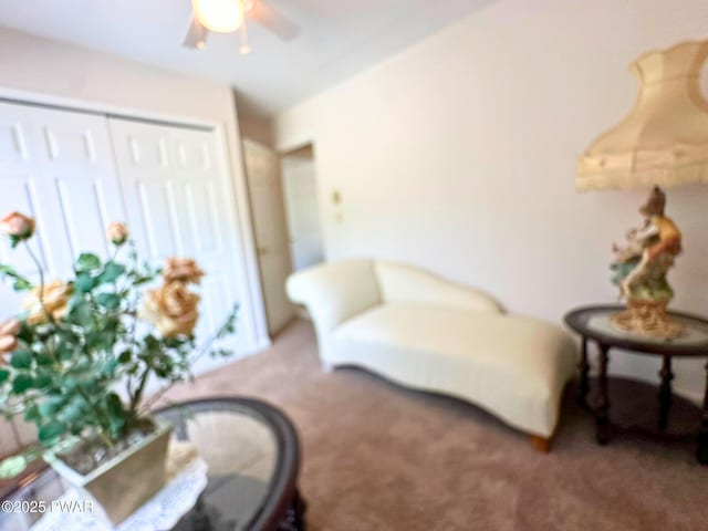 interior space with carpet and a ceiling fan