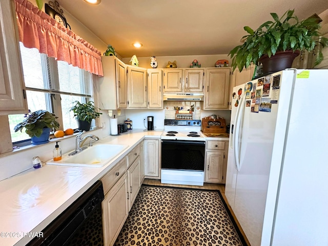 kitchen featuring a sink, white refrigerator with ice dispenser, under cabinet range hood, electric range oven, and dishwasher