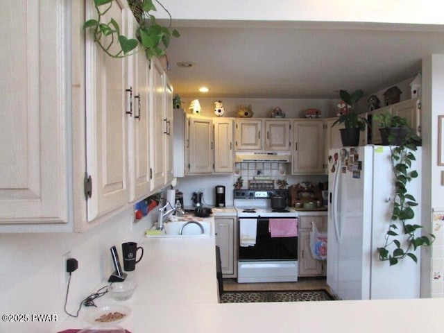 kitchen with freestanding refrigerator, light countertops, under cabinet range hood, a sink, and range with electric stovetop