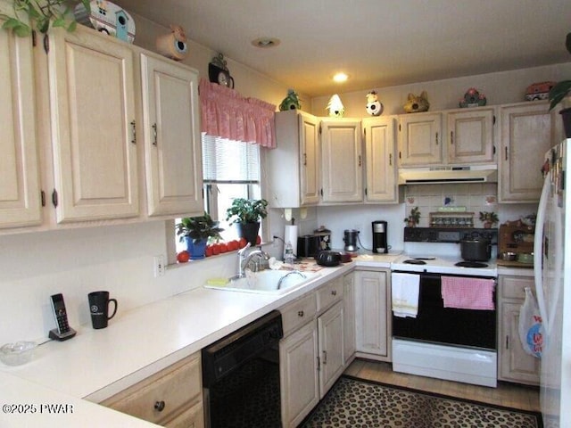 kitchen featuring under cabinet range hood, white appliances, a sink, light countertops, and decorative backsplash