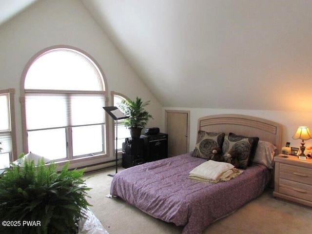 carpeted bedroom with vaulted ceiling