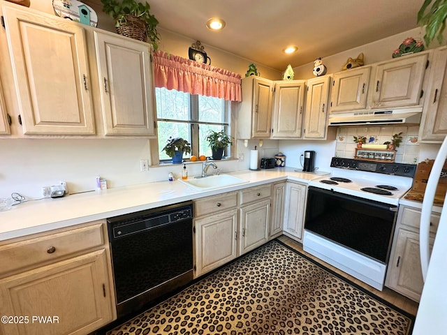 kitchen with a sink, under cabinet range hood, black dishwasher, electric range oven, and light brown cabinetry