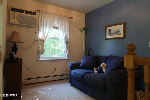 143 Heritage Dr, Lackawaxen, PA 18435 - living room with baseboard heating, carpet flooring, and a wall unit AC