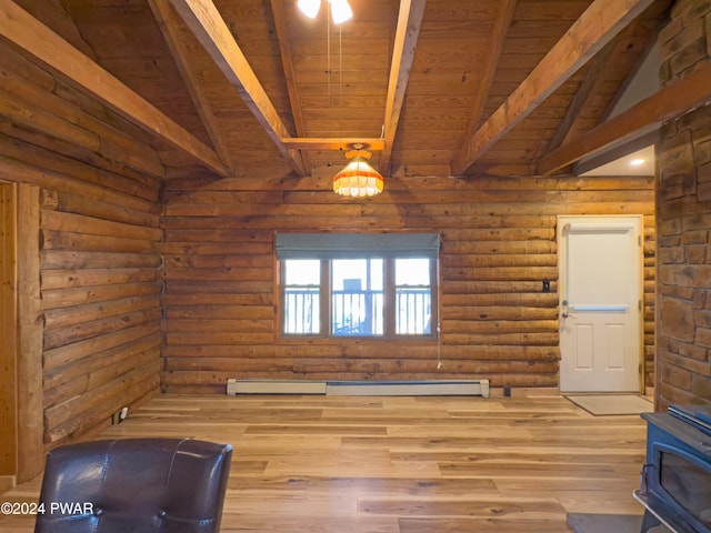 interior space with light hardwood / wood-style flooring, vaulted ceiling with beams, rustic walls, a baseboard radiator, and wood ceiling