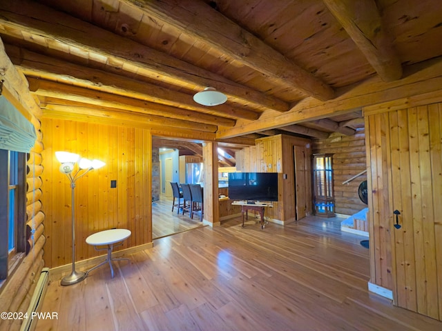 unfurnished living room with beam ceiling, rustic walls, wooden ceiling, light hardwood / wood-style flooring, and a baseboard heating unit