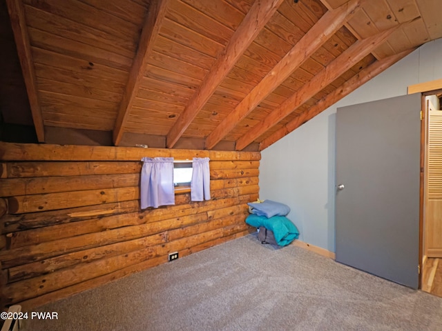 bonus room featuring carpet flooring, vaulted ceiling with beams, and wooden ceiling