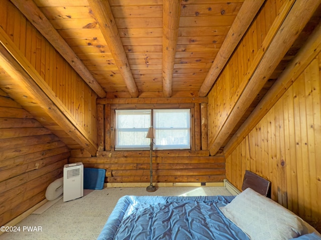 unfurnished bedroom with beamed ceiling, wooden ceiling, and wood walls