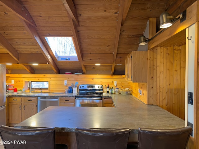 kitchen with kitchen peninsula, a skylight, wooden walls, and stainless steel appliances