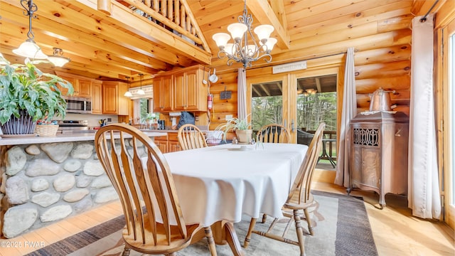 dining space with lofted ceiling with beams, a notable chandelier, wooden ceiling, light wood-type flooring, and rustic walls