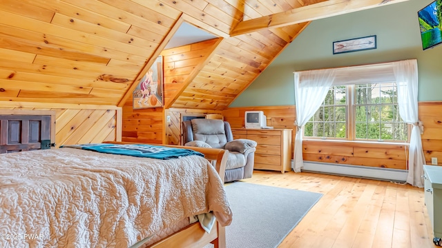 bedroom with wood-type flooring, lofted ceiling with beams, a baseboard heating unit, and wood walls