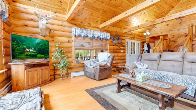 living area featuring light wood finished floors, wooden ceiling, a baseboard radiator, log walls, and stairway