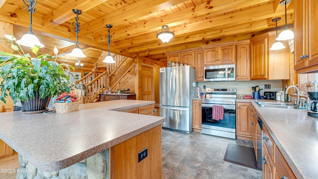 kitchen featuring beam ceiling, wood ceiling, brown cabinets, a sink, and stainless steel appliances