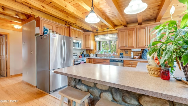 kitchen with stainless steel appliances, a peninsula, light wood-type flooring, beamed ceiling, and wood ceiling