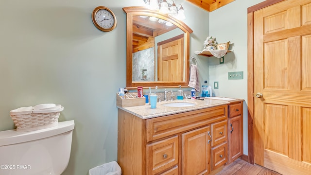 half bathroom featuring vanity, wood finished floors, and toilet