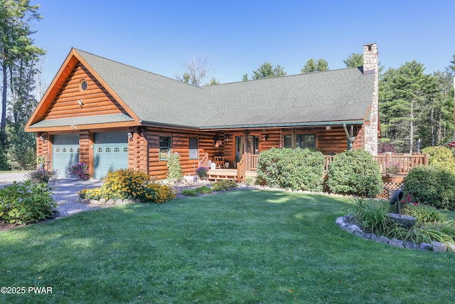 log cabin with a garage, a front yard, a chimney, log siding, and a porch