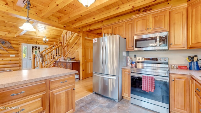 kitchen with beam ceiling, light countertops, stainless steel appliances, wooden ceiling, and log walls
