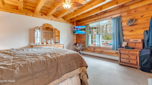 carpeted bedroom featuring a baseboard radiator, wood ceiling, rustic walls, and beam ceiling