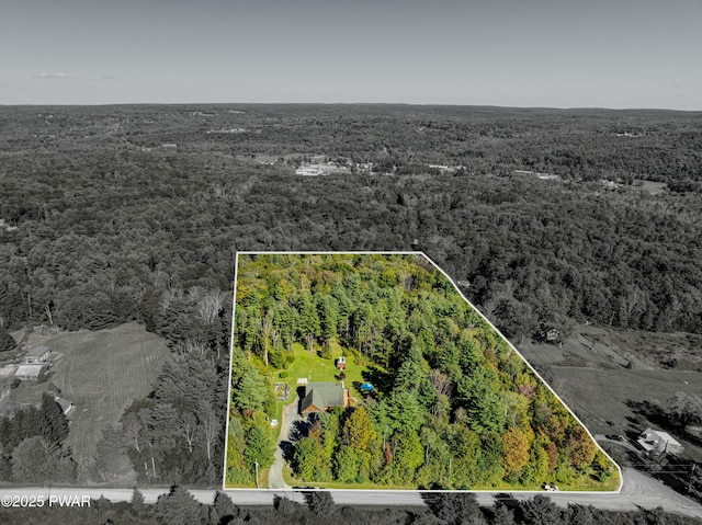 birds eye view of property with a wooded view