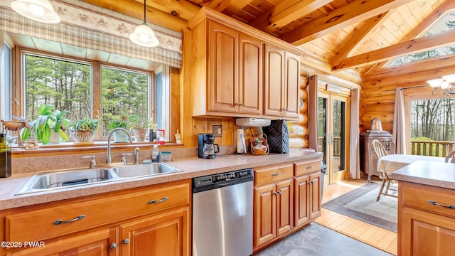 kitchen featuring wood ceiling, stainless steel dishwasher, a sink, light countertops, and log walls