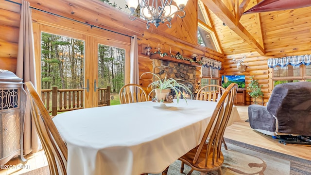 dining room featuring wood finished floors, beam ceiling, wooden ceiling, a notable chandelier, and log walls