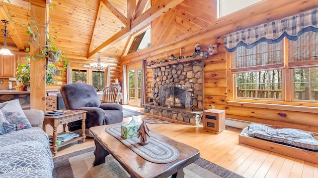 living room with high vaulted ceiling, a chandelier, plenty of natural light, rustic walls, and hardwood / wood-style flooring