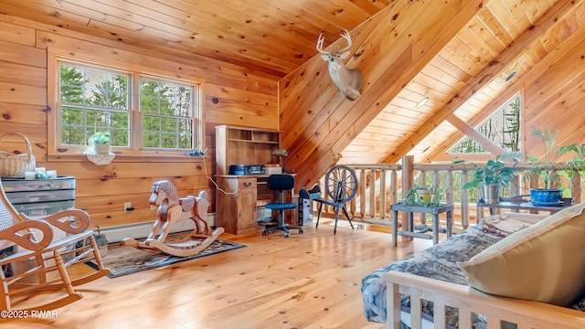 interior space featuring wood walls, wood ceiling, and hardwood / wood-style flooring