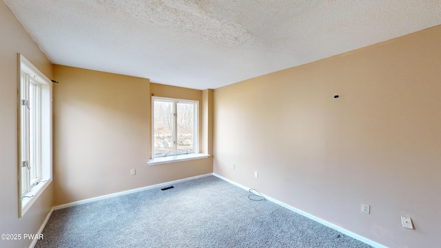 spare room with a textured ceiling and carpet flooring