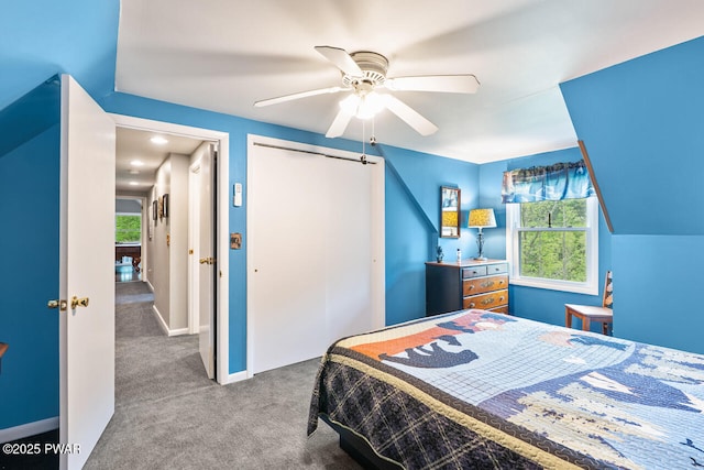 501 Towpath Rd, Hawley, PA 18428 - carpeted bedroom featuring multiple windows, a closet, a ceiling fan, and baseboards