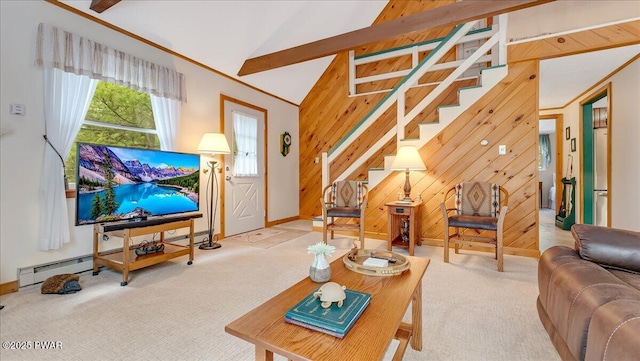 32 White Oak Dr, Lakeville, PA 18438 - living room featuring carpet flooring, stairs, wood walls, baseboards, and vaulted ceiling