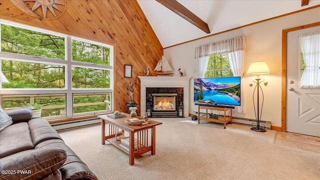 32 White Oak Dr, Lakeville, PA 18438 - carpeted living area featuring a baseboard radiator, wooden walls, a premium fireplace, high vaulted ceiling, and baseboard heating