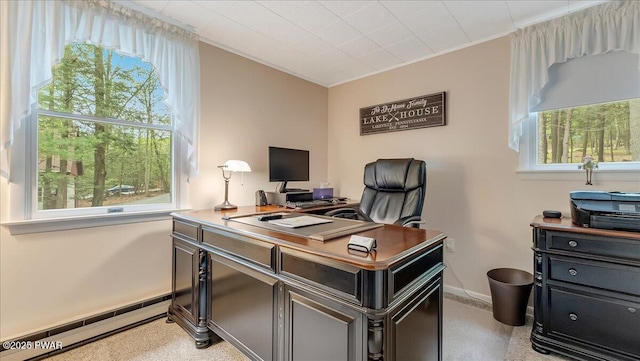 32 White Oak Dr, Lakeville, PA 18438 - office area featuring a baseboard radiator, crown molding, and baseboards