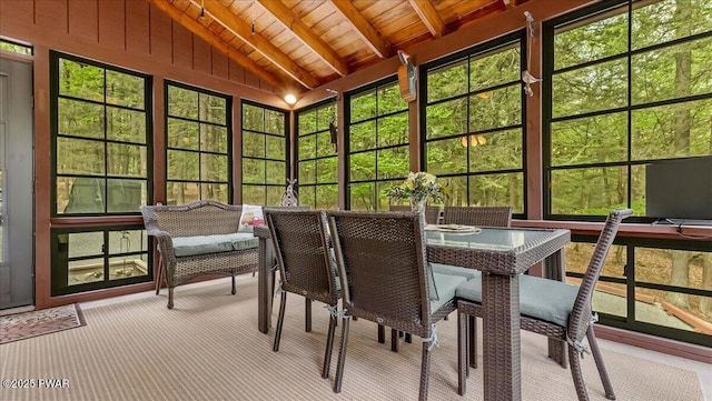 32 White Oak Dr, Lakeville, PA 18438 - sunroom with wooden ceiling, carpet, outdoor dining space, and plenty of natural light