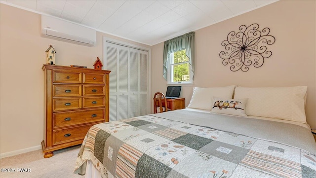 32 White Oak Dr, Lakeville, PA 18438 - bedroom with a wall mounted air conditioner, a closet, light carpet, and baseboards
