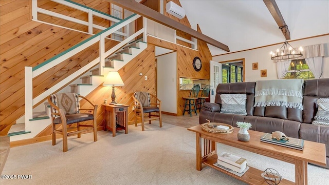 32 White Oak Dr, Lakeville, PA 18438 - carpeted living room featuring a chandelier, stairway, wooden walls, baseboards, and lofted ceiling