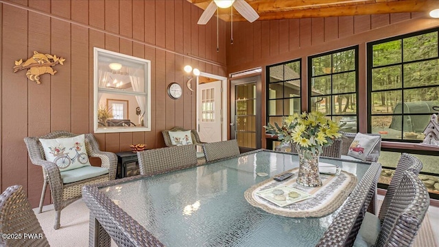 32 White Oak Dr, Lakeville, PA 18438 - dining area with ceiling fan and a high ceiling