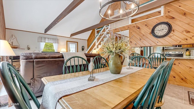 32 White Oak Dr, Lakeville, PA 18438 - tiled dining space with beam ceiling, stairway, and a chandelier