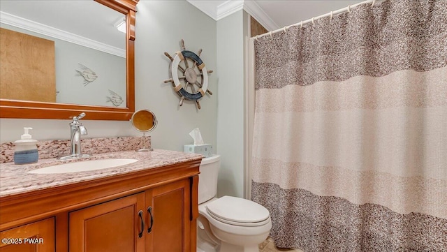 32 White Oak Dr, Lakeville, PA 18438 - full bathroom with ornamental molding, toilet, vanity, and a shower with curtain