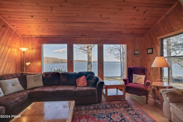 living room featuring wooden walls, wood-type flooring, a water view, wooden ceiling, and lofted ceiling