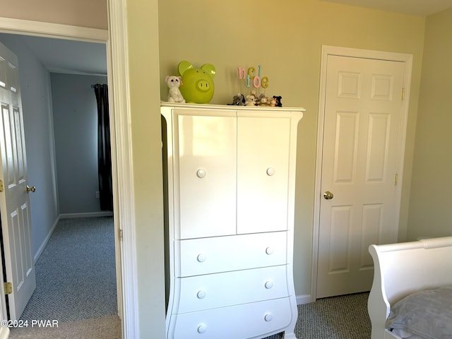 bedroom featuring light carpet