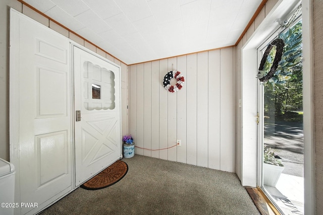 201 Oak Hill Rd, Hawley, PA 18428 - carpeted entrance foyer featuring wooden walls