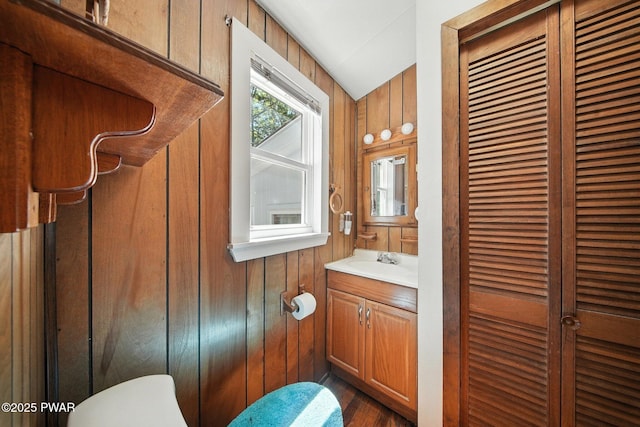 201 Oak Hill Rd, Hawley, PA 18428 - bathroom featuring vanity, wooden walls, and wood finished floors