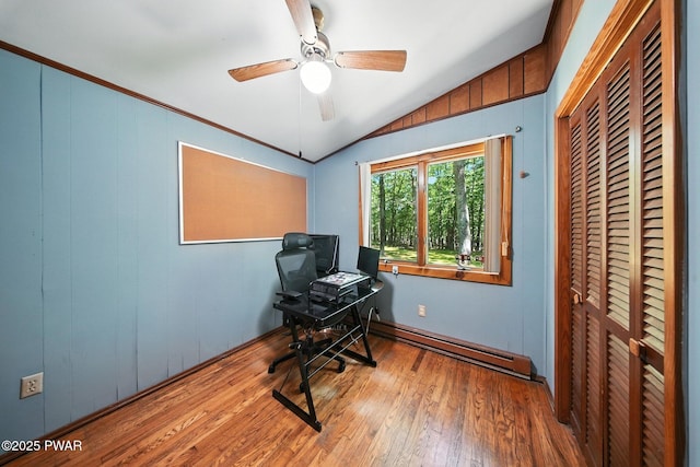 201 Oak Hill Rd, Hawley, PA 18428 - home office with baseboard heating, lofted ceiling, hardwood / wood-style floors, and ceiling fan