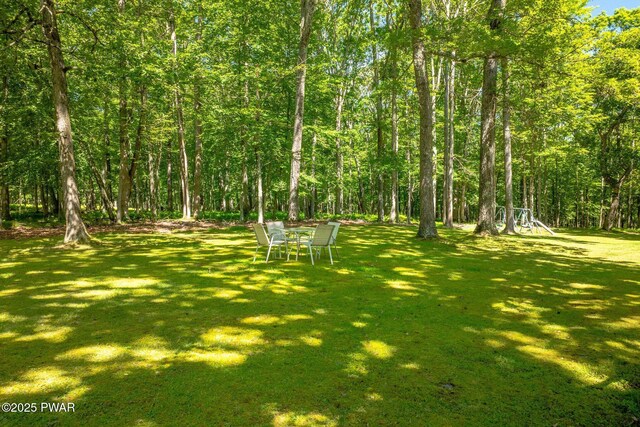 201 Oak Hill Rd, Hawley, PA 18428 - view of green lawn featuring a playground and a wooded view