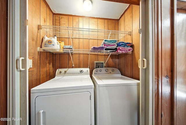 201 Oak Hill Rd, Hawley, PA 18428 - laundry room with independent washer and dryer and wood walls