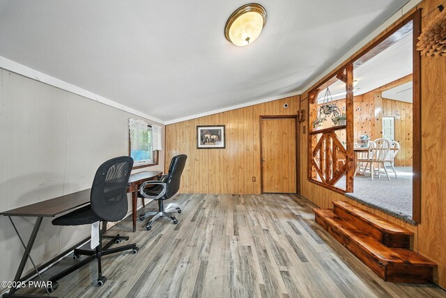 201 Oak Hill Rd, Hawley, PA 18428 - office space with lofted ceiling, wood finished floors, and wood walls
